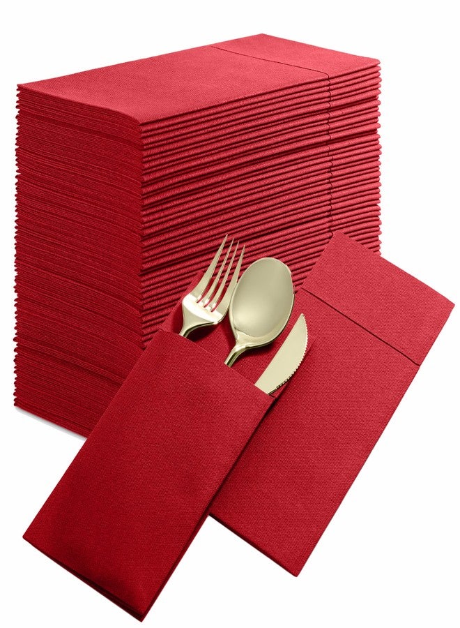 BloominGoods 50-Pack Disposable Linen-Feel Dinner Napkins with Built-in Flatware Pocket, BRIGHT RED Prefolded Cloth Like Paper Napkins For Christmas, Dinner, Wedding Or Party [Silverware NOT Included] - Image 1